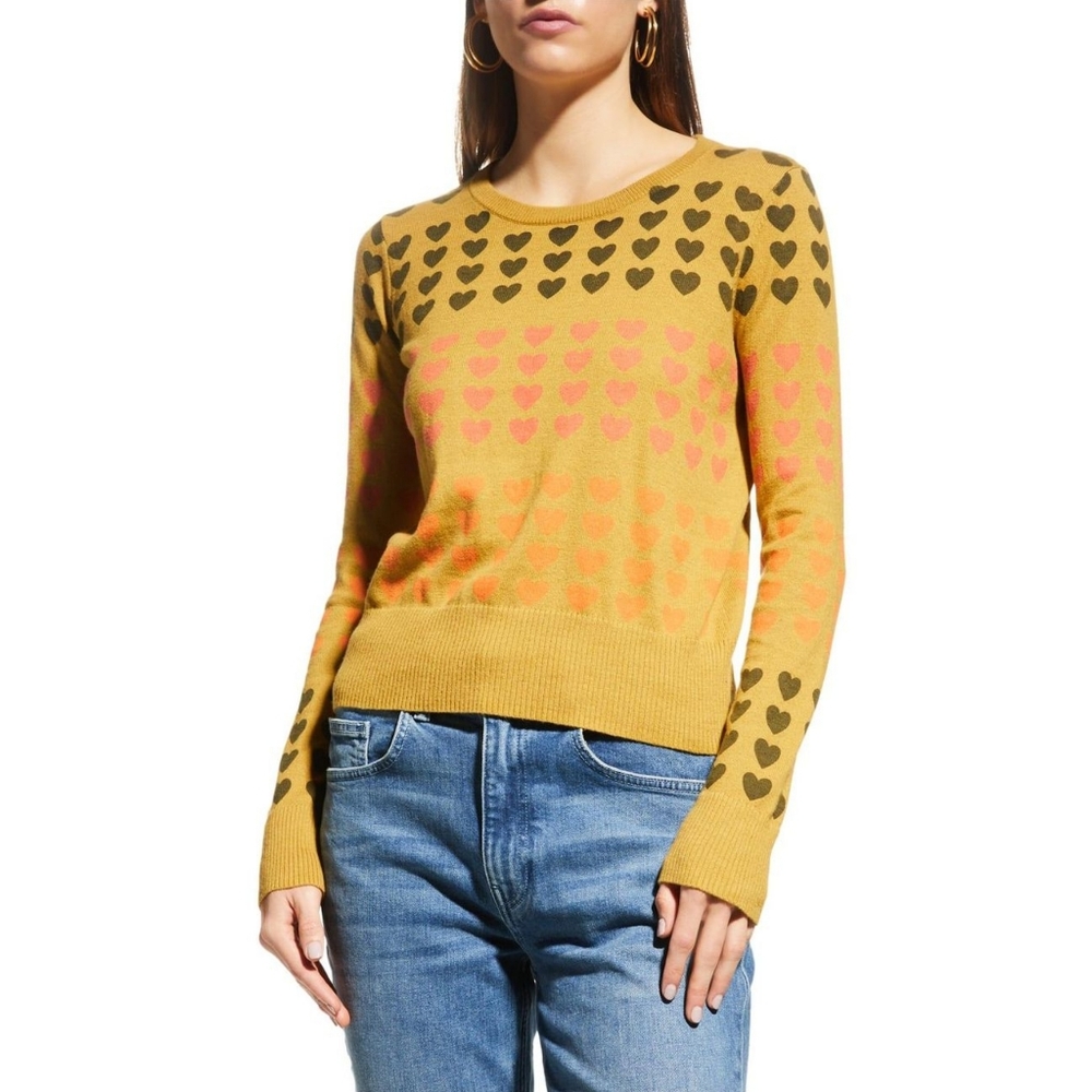 Lisa Todd Love Lines Heart Print Cashmere Crewneck Sweater Top Gold Hearts XS